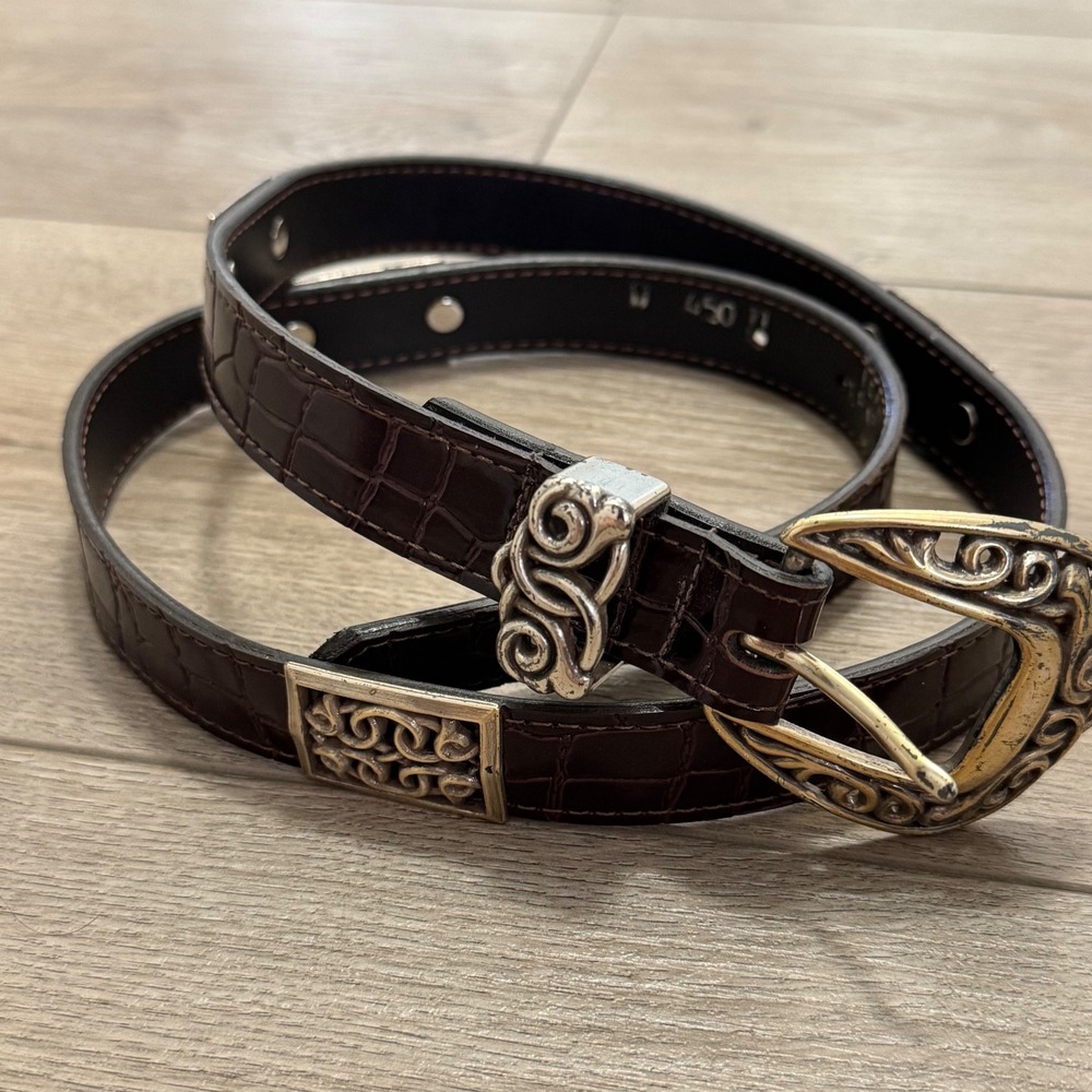 Texas Leather Brown Croc Embossed Western Belt Silver Gold Hardware Size M 450